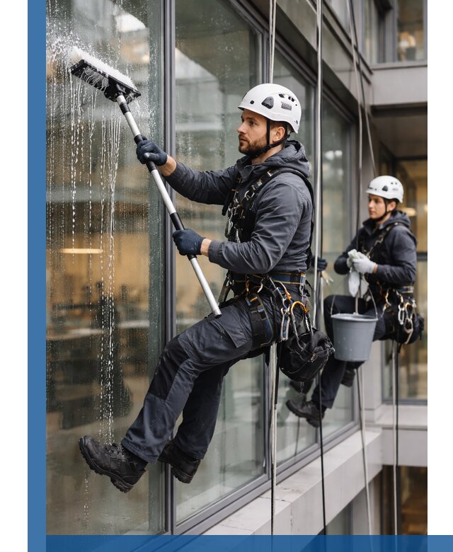 Профессиональная мойка витражей промышленными альпинистами в Новомосковске