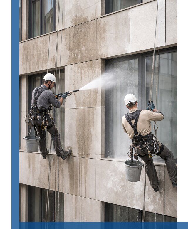 Послестроительная мойка фасада промышленным альпинизмом в Новомосковске