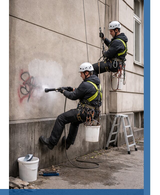 Удаление граффити с фасада в Новомосковске от 4646 р. | ВЫСОТНИК-Нвм