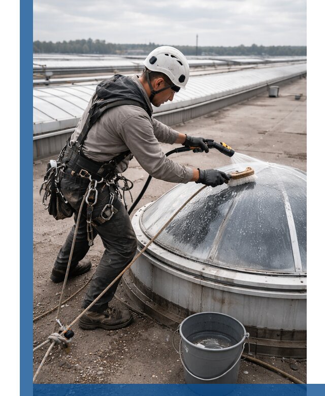 Мойка зенитных фонарей на кровле для промышленных объектов в Новомосковске