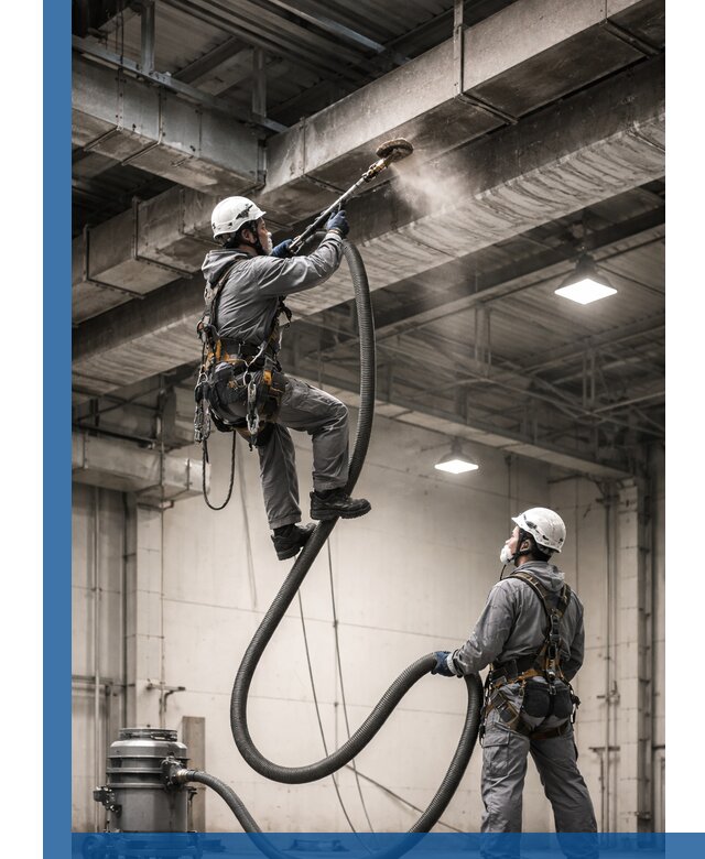 Обеспыливание потолочных конструкций в Новомосковске промышленным альпинизмом