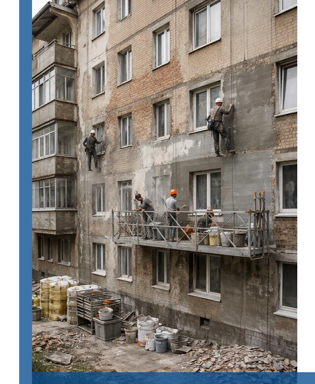 Капитальный ремонт фасада в Новомосковске с восстановлением и гидроизоляцией