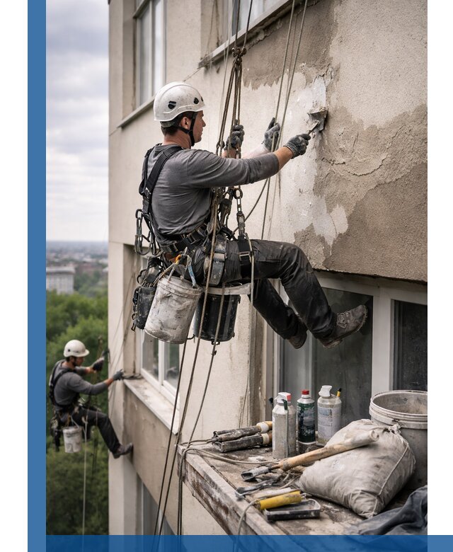 Косметический ремонт фасада зданий в Новомосковске промышленными альпинистами