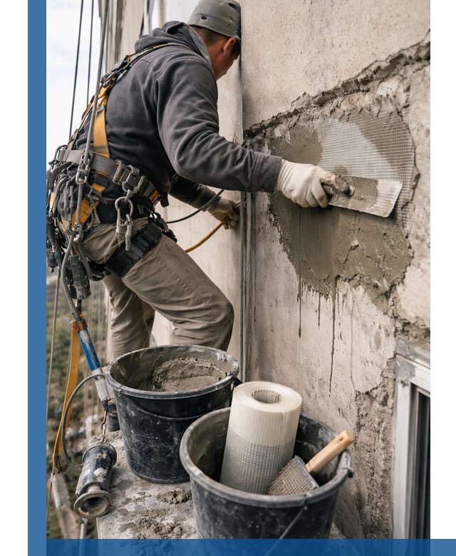 Ремонт бетонных элементов фасада промышленными альпинистами в Новомосковске