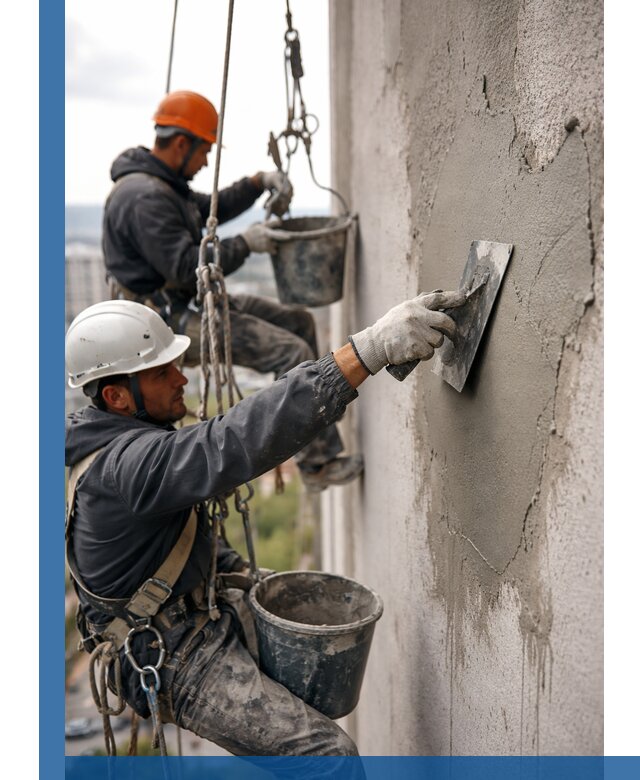 Штукатурка фасада на высоте в Новомосковске профессиональные работы