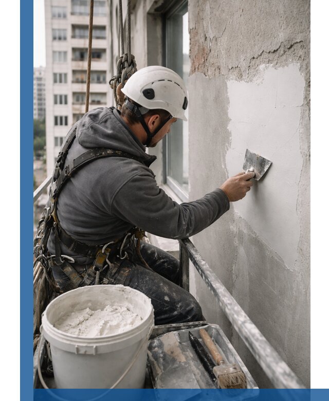 Шпаклевка фасадов на высоте с промальпинистами в Новомосковске