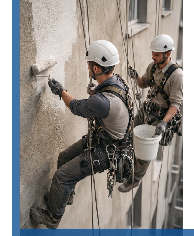 Грунтовка фасада на высоте в Новомосковске промышленными альпинистами