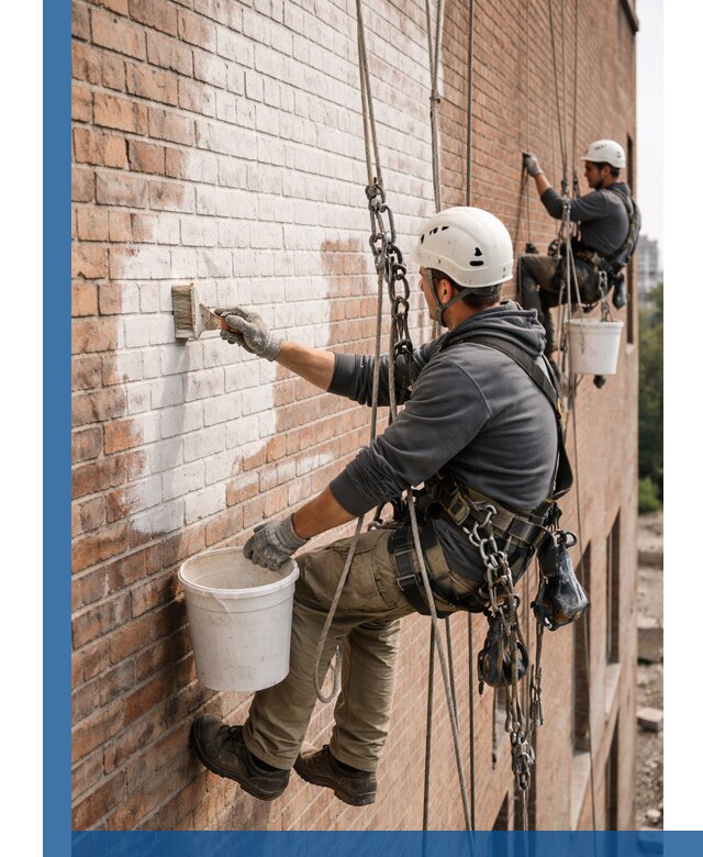 Покраска кирпичного фасада с доступным альпинистским сервисом в Новомосковске