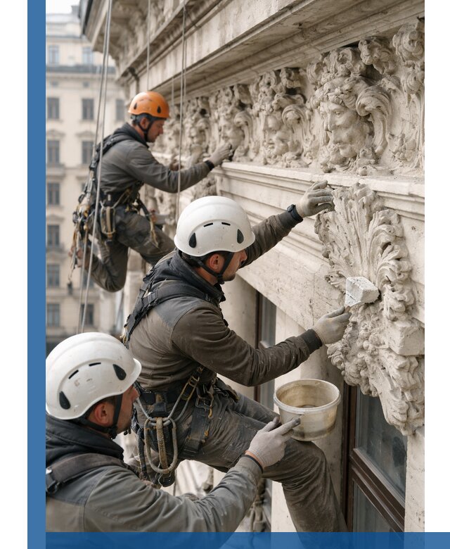 Реставрация фасадной лепнины с высотными работами в Новомосковске