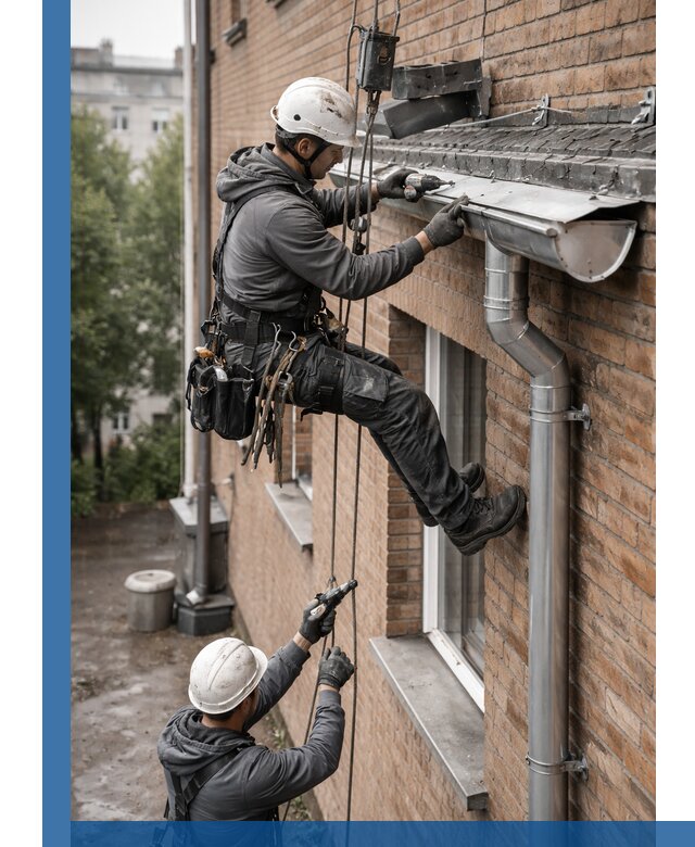 Монтаж водосточной системы на здании в Новомосковске под ключ