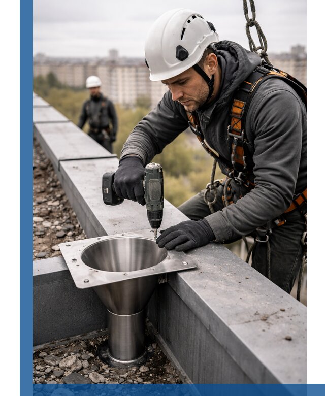 Монтаж водосточных воронок в Новомосковске для промышленных зданий