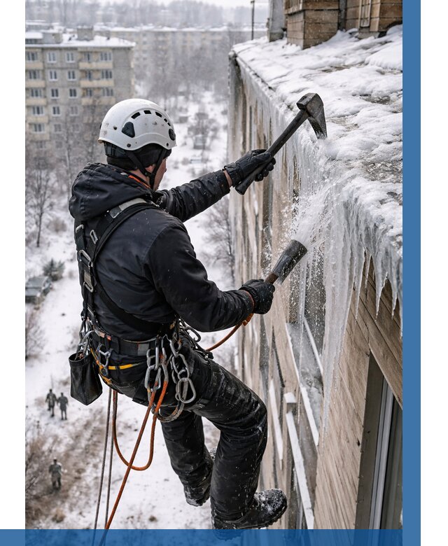 Сбивание сосулек с крыши в Новомосковске по цене от 4646 р. | ВЫСОТНИК-Нвм