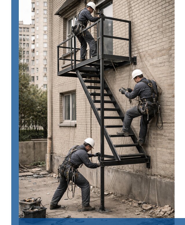 Монтаж пожарной лестницы в Новомосковске, установка и крепление