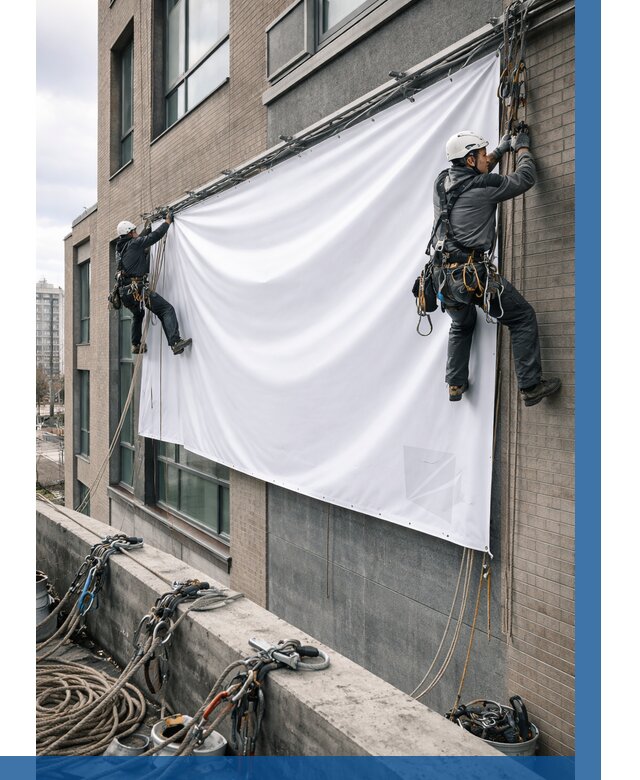 Монтаж баннеров на фасаде в Новомосковске от 671 р. заказать ВЫСОТНИК-Нвм