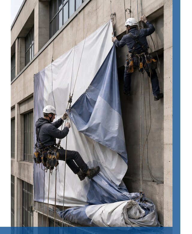 Демонтаж баннеров с фасада в Новомосковске от 4646 р. | ВЫСОТНИК-Нвм