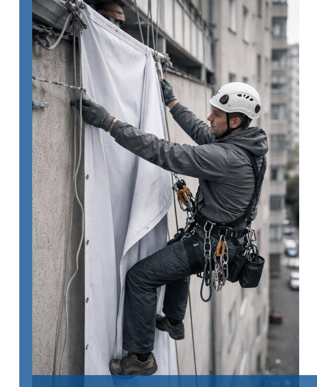 Замена баннерного полотна промышленными альпинистами в Новомосковске