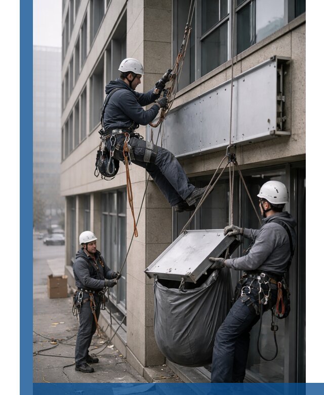 Демонтаж рекламной вывески с высотными работами в Новомосковске