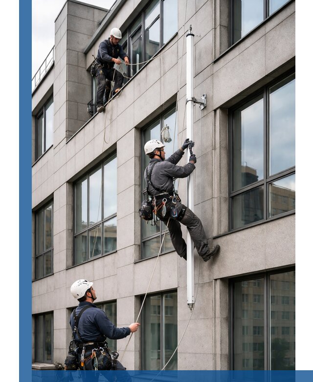 Монтаж флагштока на фасаде здания с креплением и герметикой в Новомосковске