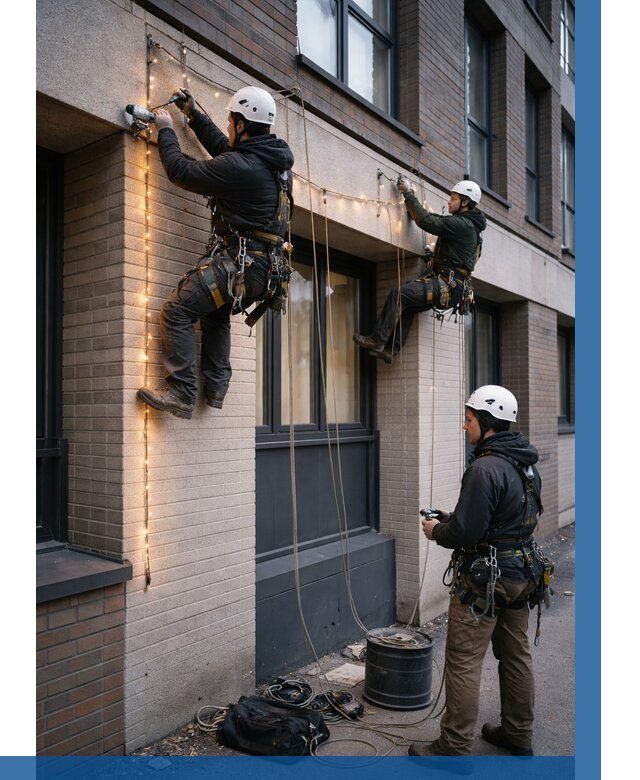 Монтаж гирлянд на фасаде в Новомосковске от 3614 р. | ВЫСОТНИК-Нвм