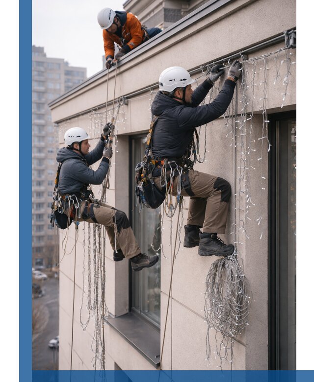 Монтаж праздничных гирлянд на фасаде в Новомосковске для зданий