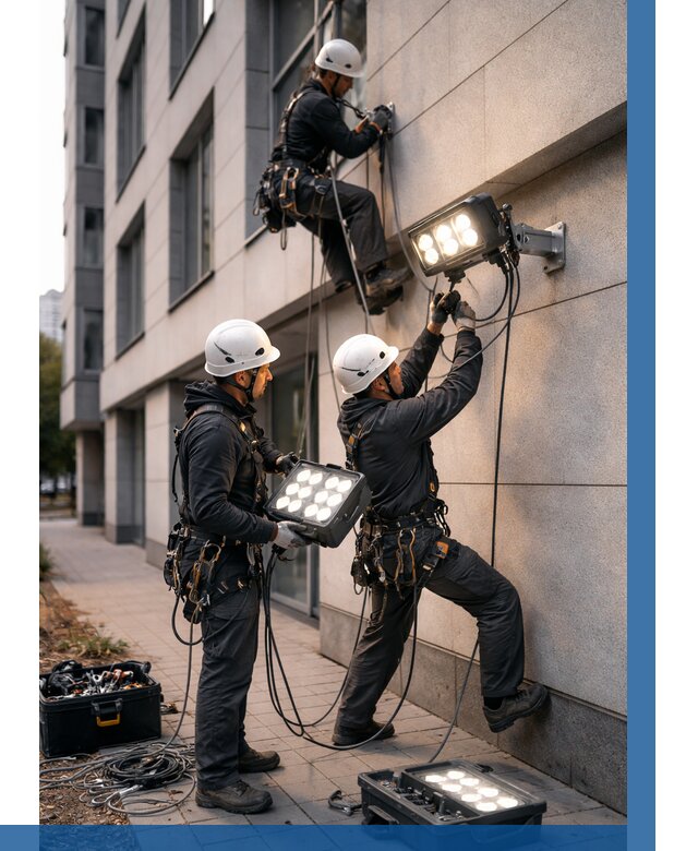 Монтаж прожекторов на фасаде в Новомосковске от 7744 р. | ВЫСОТНИК-Нвм