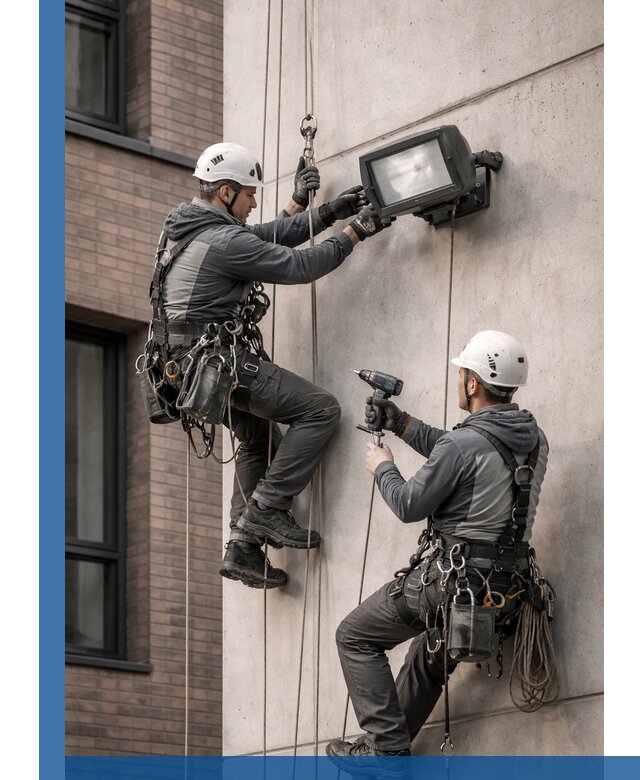 Профессиональный монтаж фасадных прожекторов в Новомосковске под ключ