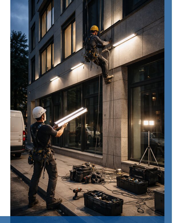 Монтаж архитектурной подсветки здания в Новомосковске от 2581 р.|ВЫСОТНИК-Нвм