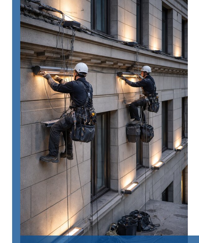 Монтаж архитектурной подсветки фасадов зданий в Новомосковске