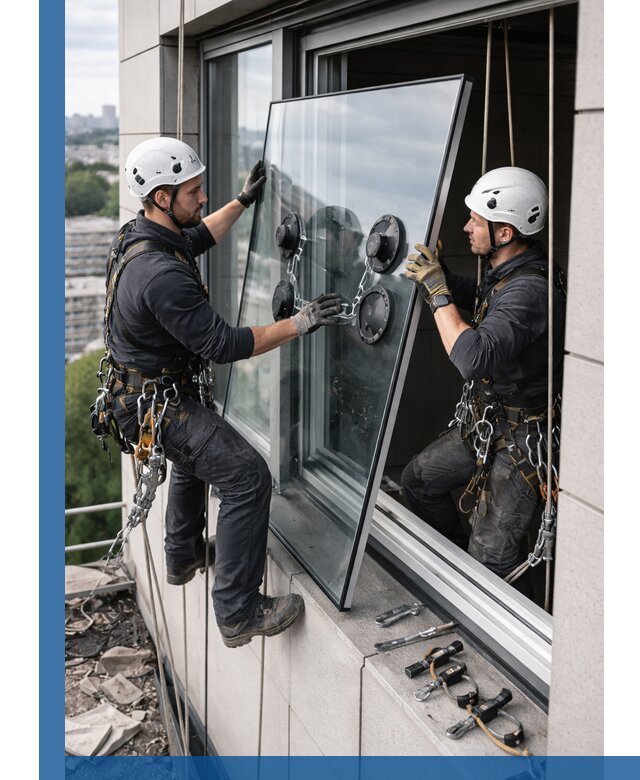 Замена стеклопакетов на высоте с промышленными альпинистами в Новомосковске