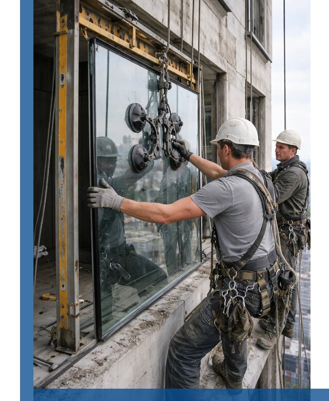 Монтаж стеклопакетов на высоте в Новомосковске с промышленным альпинизмом