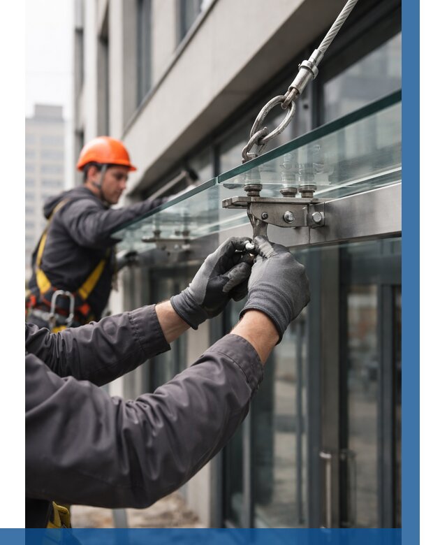 Монтаж стеклянных козырьков в Новомосковске от 8776 р. | ВЫСОТНИК-Нвм