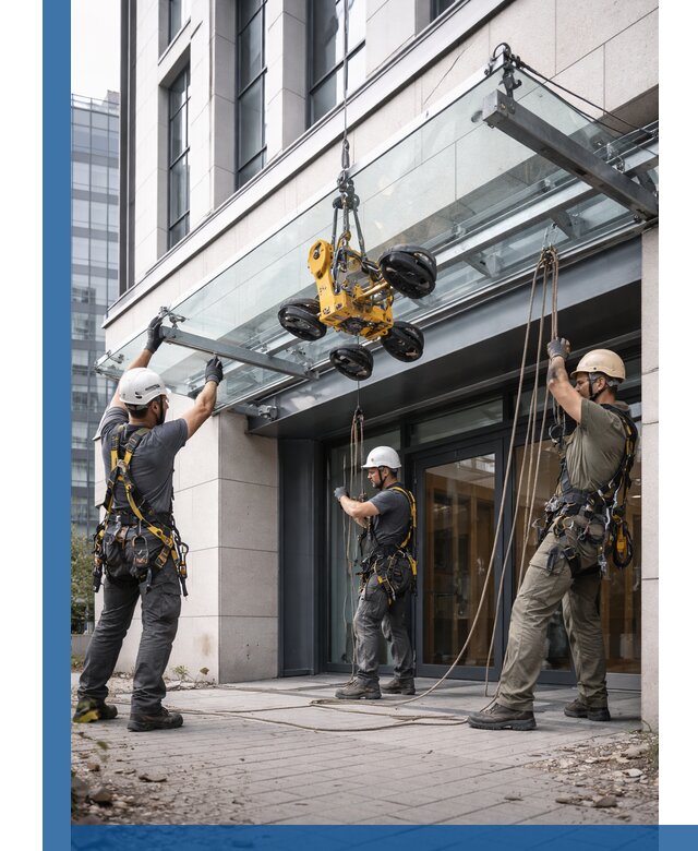 Монтаж стеклянных козырьков под ключ в Новомосковске для зданий