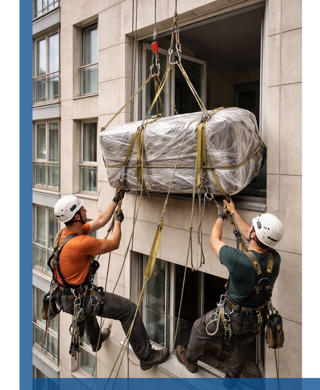Подъем грузов через окно в Новомосковске промышленными альпинистами