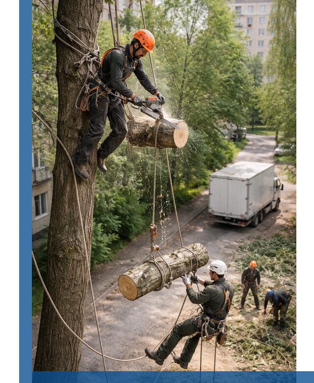 Спил деревьев альпинистами в Новомосковске, безопасно и без повреждений