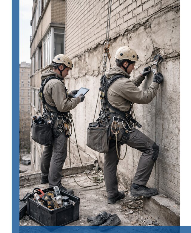 Обследование фасада промышленными альпинистами в Новомосковске