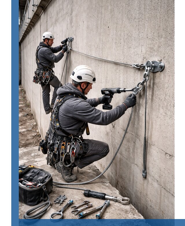 Монтаж анкерных линий высотной безопасности в Новомосковске